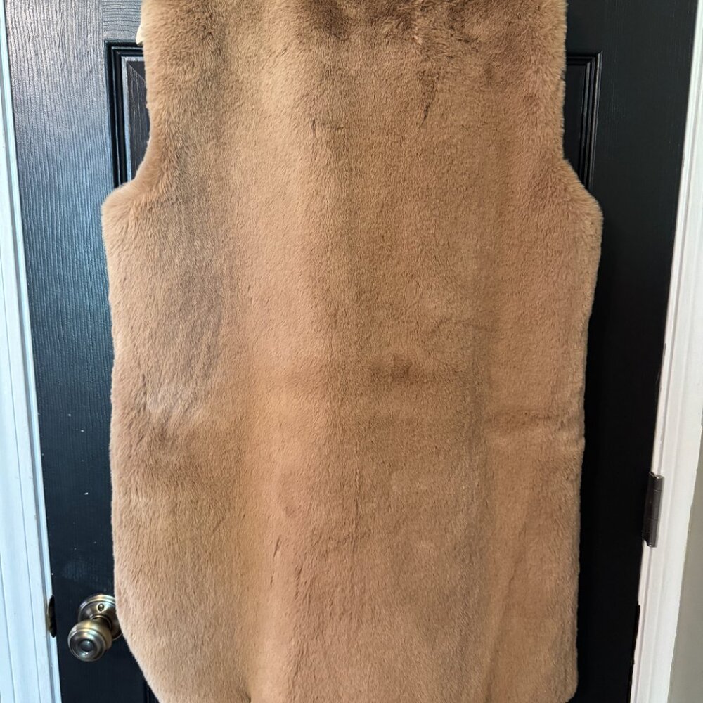 NWT Ann Taylor Faux Fur Long Vest Pink Tan Open Front Medium Large - Picture 4 of 4